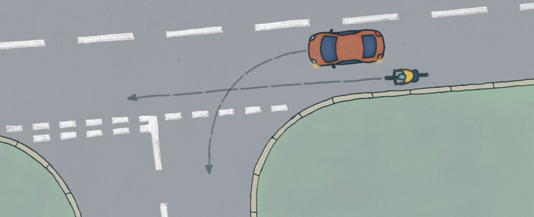 Diagram showing potential collision between a bicycle and a car ahead as the car turns left