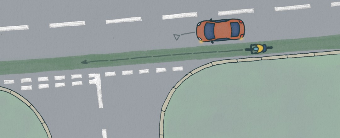 Diagram showing a car giving way to a cycle lanes as it turns left across it