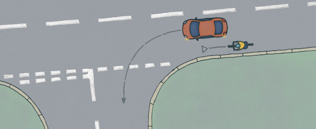 Diagram showing a bicycle giving way to a car ahead that is indicating left